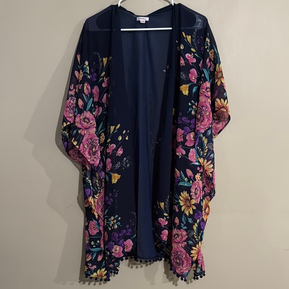 Pinky Navy Blue Sheer Kimono Women's One Size Floral, Beach, Vacation, Summer - Picture 3 of 8